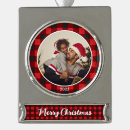Frohe Weihnachten Rotes Kariertes Foto Weihnachten Banner-Ornament Silber