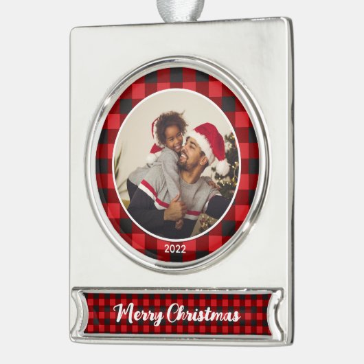 Frohe Weihnachten Rotes Kariertes Foto Weihnachten Banner-Ornament Silber (Links)