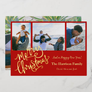 Frohe Weihnachten Rotes Personalisiertes Foto Gold Folien Feiertagskarte
