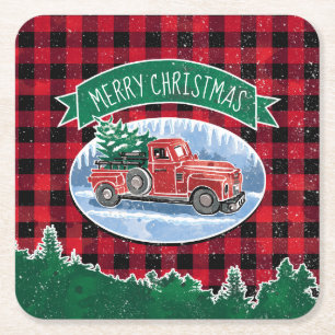 Frohe Weihnachten Rotes Vintage-Lieferwagen Buffal Rechteckiger Pappuntersetzer