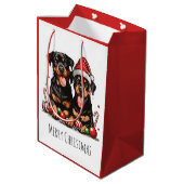 Frohe Weihnachten Rottweiler Dog Santa Mittlere Geschenktüte (Rückseite Schrägansicht)