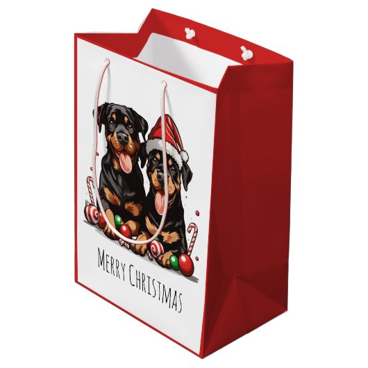 Frohe Weihnachten Rottweiler Dog Santa Mittlere Geschenktüte (Rückseite Schrägansicht)