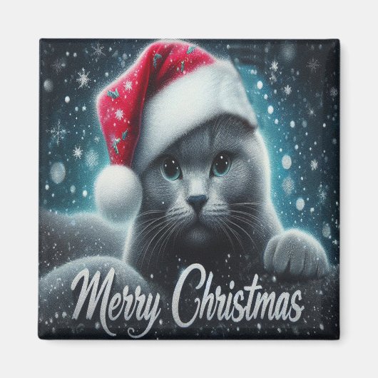 Frohe Weihnachten Russisch blaue Katze, Weihnachts Magnet (Vorne)