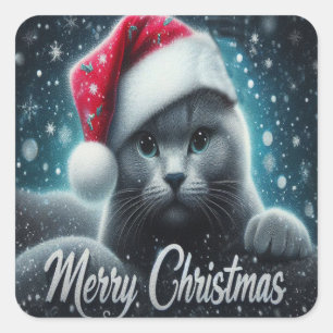 Frohe Weihnachten Russische Blaue Katze, Xmas Weih Quadratischer Aufkleber
