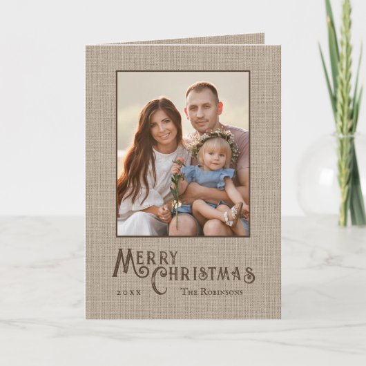 Frohe Weihnachten Rustic Burlap Print Family Foto (Vorderseite)
