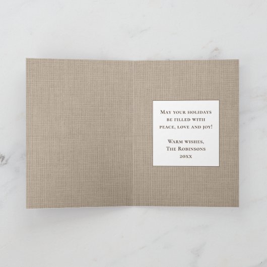 Frohe Weihnachten Rustic Burlap Print Family Foto (Innenseite)