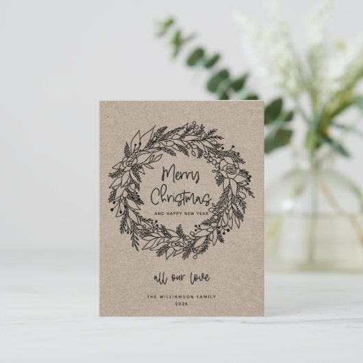 Frohe Weihnachten Rustic Holiday Wreath Kraft Card (Stehend Vorderseite)
