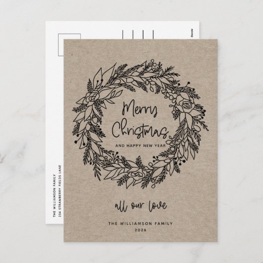 Frohe Weihnachten Rustic Holiday Wreath Kraft Card (Vorne/Hinten)