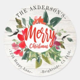 Frohe Weihnachten Rustic Wreath Floral Address Lab Runder Aufkleber