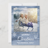 Frohe Weihnachten rustikal blaue Holzkarte (Vorderseite)