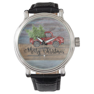 Frohe Weihnachten Rustikal Holz und Niedlicher rot Armbanduhr