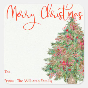 Frohe Weihnachten Rustikale Baumgeschenk Etikett Quadratischer Aufkleber