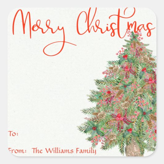 Frohe Weihnachten Rustikale Baumgeschenk Etikett Quadratischer Aufkleber (Vorderseite)