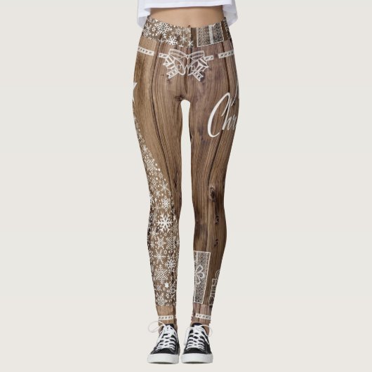 Frohe Weihnachten Rustikale Holzmuster Schneeflock Leggings (Vorderseite)