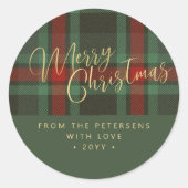 Frohe Weihnachten rustikale karierte Rot-Grün-Dreh Runder Aufkleber (Vorderseite)