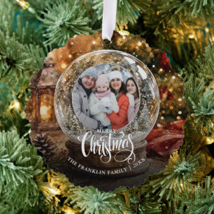 Frohe Weihnachten Rustikale Schneekugel Foto Ornament Karte