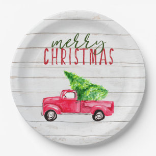 Frohe Weihnachten Rustikaler Holz Roter LKW Vintag Pappteller