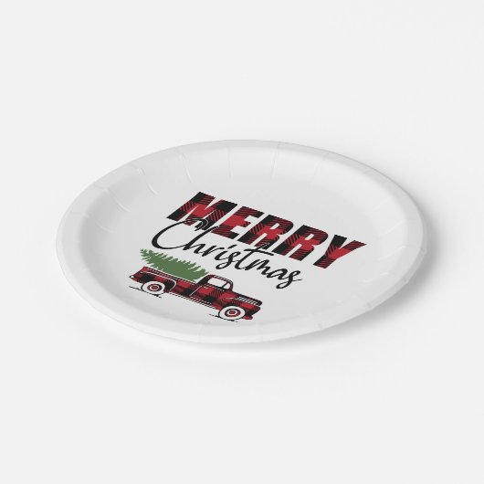 Frohe Weihnachten Rustikaler LKW Pappteller (Schrägansicht)