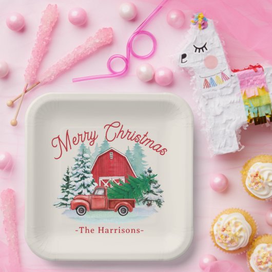 Frohe Weihnachten Rustikaler Red Truck Ecru Pappteller (Party)