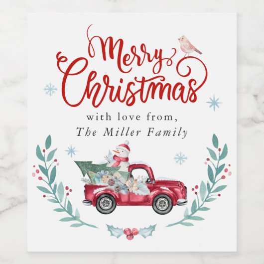 Frohe Weihnachten Rustikaler roter Lkw Winter Flor Weinetikett (Einzelnes Label)