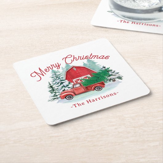 Frohe Weihnachten Rustikales Red Farmhouse Truck W Rechteckiger Pappuntersetzer (angewinkelt)