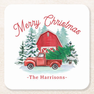 Frohe Weihnachten Rustikales Red Farmhouse Truck W Rechteckiger Pappuntersetzer