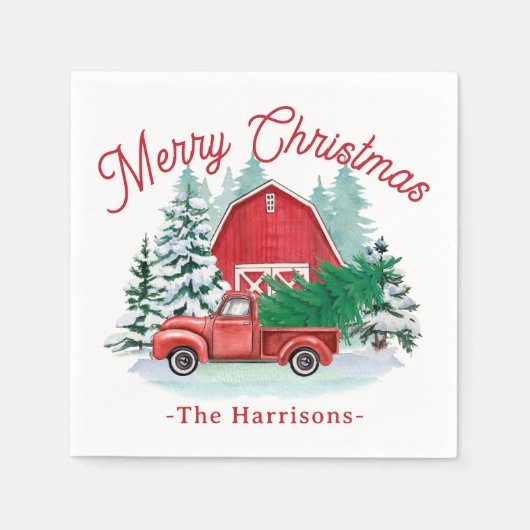 Frohe Weihnachten Rustikales Red Farmhouse Truck W Serviette (Vorderseite)