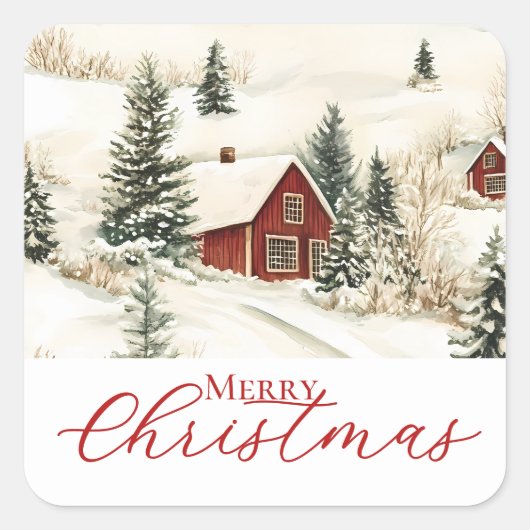 Frohe Weihnachten Rustikales Woodland Ferienhaus Quadratischer Aufkleber (Vorderseite)