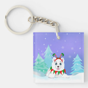 Frohe Weihnachten Samojede mit Elf-Haarschmuck Schlüsselanhänger