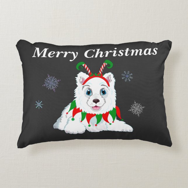 Frohe Weihnachten Samoyed mit Elf-Headband Dekokissen (Vorderseite)