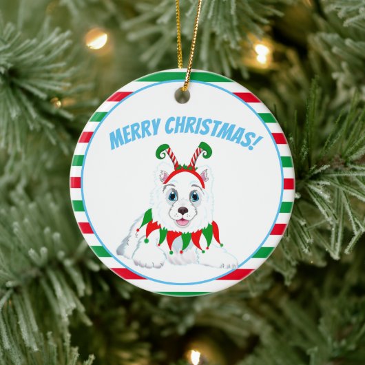 Frohe Weihnachten Samoyed mit Elf Headband Keramik Ornament (Baum)