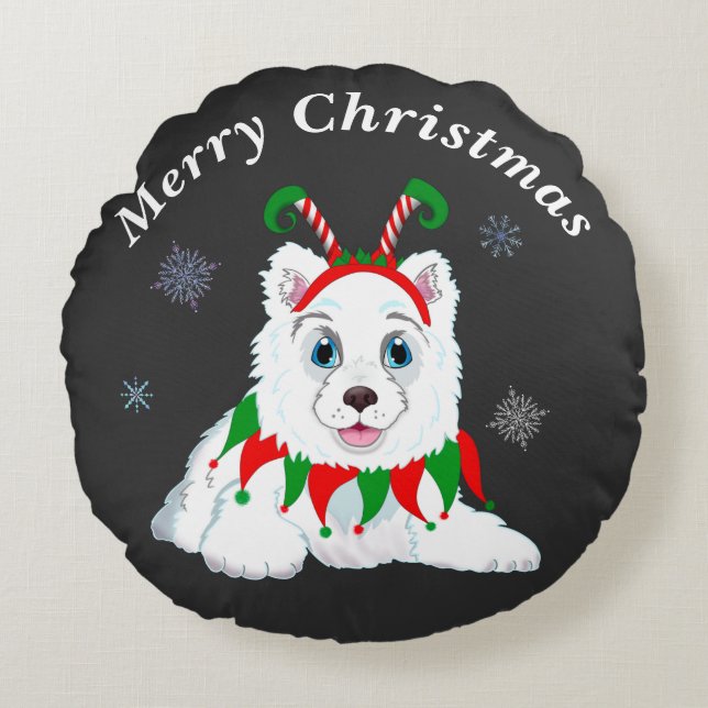 Frohe Weihnachten Samoyed mit Elf-Headband Rundes Kissen (Vorderseite)