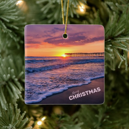 Frohe Weihnachten San Diego Beach Pier Sunset Keramikornament (Baum)