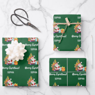 Frohe Weihnachten Santa Baum Geschenke Personalisi Geschenkpapier Set