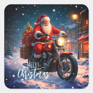 Frohe Weihnachten Santa Claus auf Motorrad & Gesch Quadratischer Aufkleber