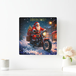 Frohe Weihnachten Santa Claus auf Motorrad Quadratische Wanduhr