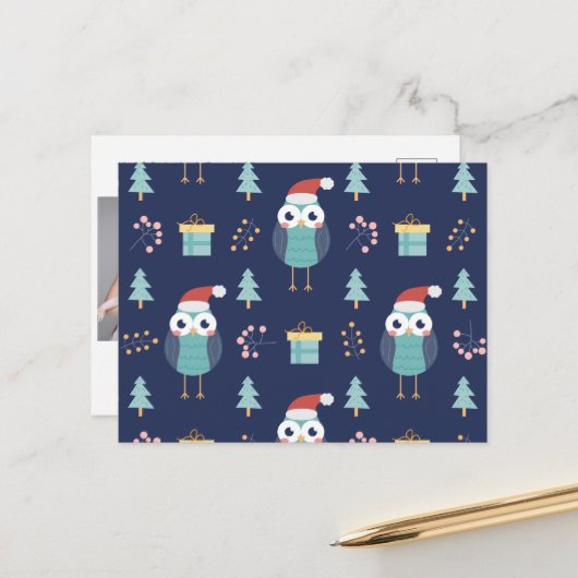 Frohe Weihnachten | Santa Claus Owl Postkarte (Vorderseite/Rückseite Beispiel)