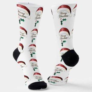 Frohe Weihnachten Santa Hut Rot Gold Grün Glitzer Socken