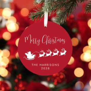 Frohe Weihnachten Santa Schlitten Foto Rot Ornament Aus Metall