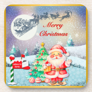 Frohe Weihnachten Santa, Schlitten, Rentier, Schne Getränkeuntersetzer