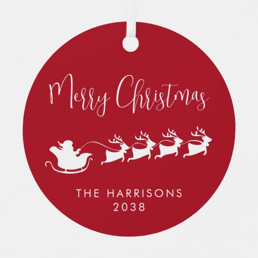 Frohe Weihnachten Santa Sleigh Foto Red Ornament Aus Metall (Vorderseite)