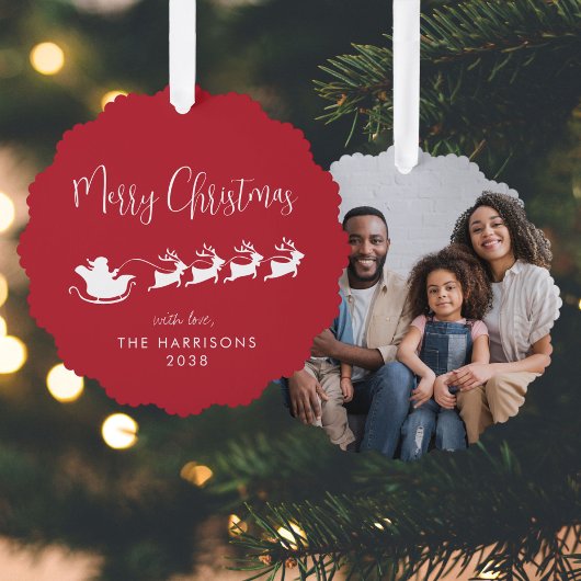 Frohe Weihnachten Santa Sleigh Foto Red Ornament Karte