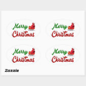 Frohe Weihnachten Santa Sleigh Rot-Grün-Skript Ovaler Aufkleber (Blatt)