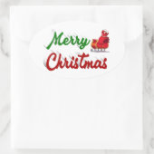 Frohe Weihnachten Santa Sleigh Rot-Grün-Skript Ovaler Aufkleber (Tasche)