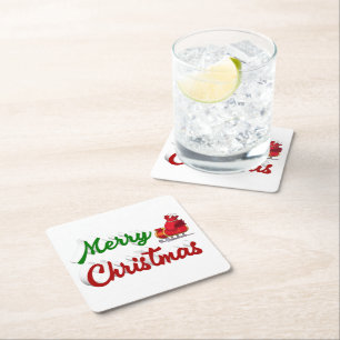 Frohe Weihnachten Santa Sleigh Rot-Grün-Skript Rechteckiger Pappuntersetzer