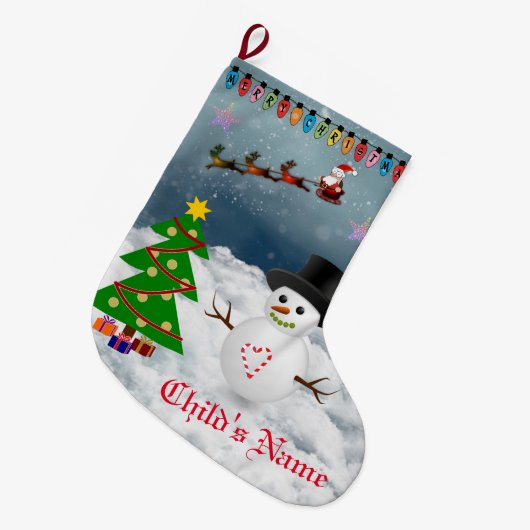 Frohe Weihnachten =- Santa & Snow Man Großer Weihnachtsstrumpf (Vorderansicht (hängend))