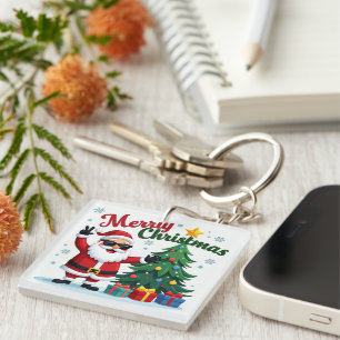 Frohe Weihnachten Santa & Tree Design Schlüsselanhänger