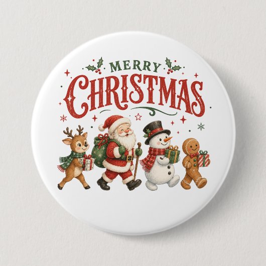 Frohe Weihnachten Santa und Freunde Button (Vorderseite)