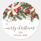 Frohe Weihnachten schick florgrün roten Pine Blüte Runder Aufkleber (Vorderseite)