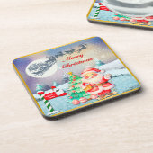 Frohe Weihnachten, Schlitten, Rentier, Schneeflock Getränkeuntersetzer (Linke Seite)